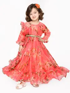 SAKA DESIGNS Girls Peach-Coloured Floral Net A-Line Dress