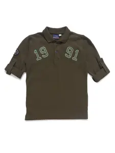 CAVIO Boys Green Typography Polo Collar Applique T-shirt