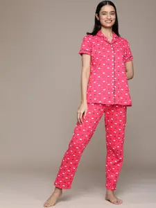 beebelle Women Pink & White Pure Cotton Umbrella Printed Night suit