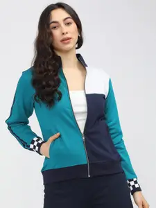 Tokyo Talkies Women Green Colourblocked High Neck Long Sleeve Sweatshirt