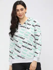 Tokyo Talkies Women White Printed Hooded Sweatshirt
