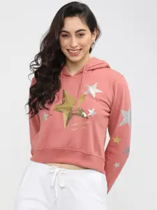 Tokyo Talkies Women Pink Printed Hooded Sweatshirt