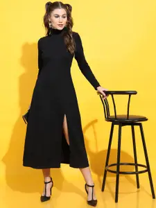 CHIC BY TOKYO TALKIES Women Black Solid Hight Neck A-Line Midi Dress