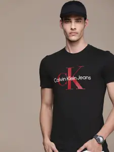 Calvin Klein Jeans Men Black Brand Logo Printed Organic Cotton Slim Fit T-shirt