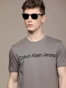 Calvin Klein Jeans Men Dark Grey Typography Printed Pure Cotton Slim Fit T-shirt