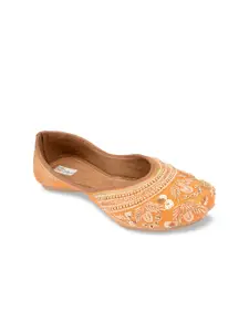 DESI COLOUR Women Orange Embellished Leather Ethnic Mojaris  Flats
