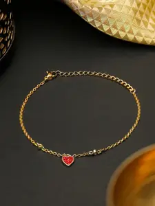 PRITA PRITA Gold-Plated & Red Stone Studded Heart Link Bracelet