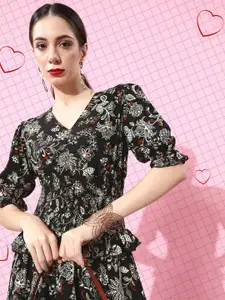 plusS Women Stylish Black Floral Tiered Dress