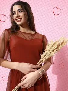 plusS Women Enchanting Rust Solid Tulle Dress