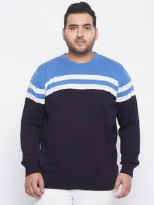 bigbanana Plus Size Men Navy Blue & White Colourblocked Pullover