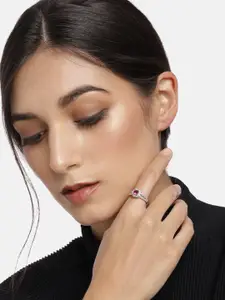 I Jewels Silver-Plated Maroon Stone Studded Adjustable Finger Ring