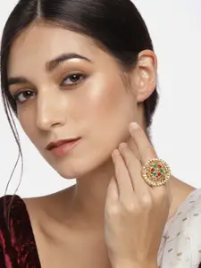 I Jewels Maroon & Green Gold Plated Stone Studded Adjustable Finger Ring