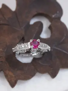 I Jewels Silver-Plated Pink Stone Studded Adjustable Finger Ring