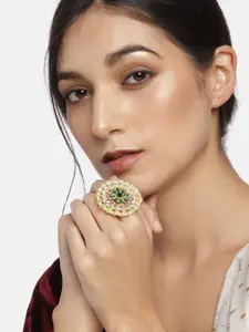I Jewels Gold-Plated White & Green Kundan-Studded Pearl Finger Ring