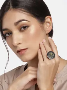 I Jewels Women Antique Oxidised Silver-Plated Finger Ring