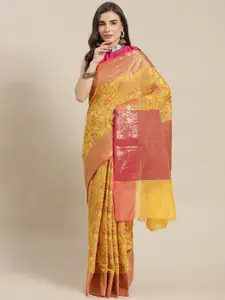 Chhabra 555 Mustard Yellow & Red Floral Zari Silk Blend Chanderi Saree