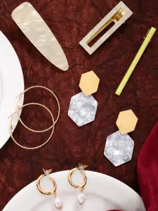 Yellow Chimes Set Of 3 Gold-Toned & Silver-Toned Drop Earrings with 3 Hair Clips