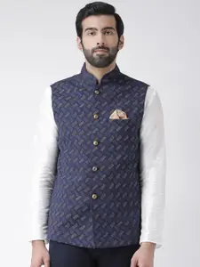 KISAH Men Blue & Beige Printed Woven Nehru Jacket