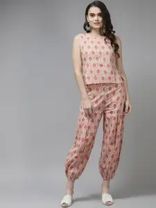 Amirah s Women Peach-Coloured Ethnic Motifs Printed Pure Cotton Top with Trousers