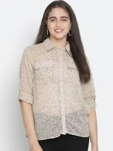 Oxolloxo Women Beige Sheer Printed Casual Shirt