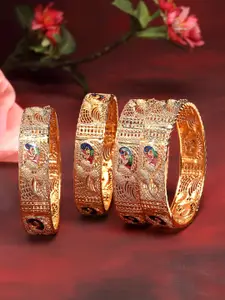 ZENEME Set of 4 Gold Plated Meenakari Textured Peacock With Cut Out and Detail Bangles
