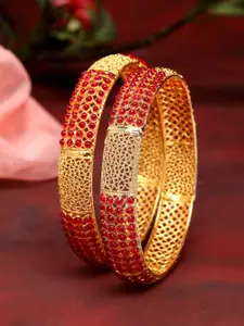 ZENEME Set of 2 Red & Gold Gold-plated Pearl Studded Bangles with Filgree Design