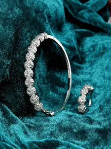 ZENEME Women Silver-Toned AD Studded Bangle Style Kada Bracelet with Matching Ring