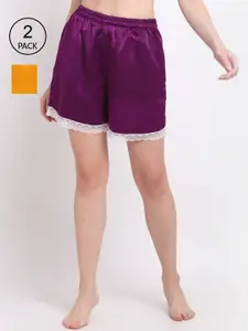 EROTISSCH Women Pack of 2 Mustard Yellow & Purple Loose Fit High-Rise Shorts