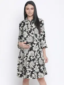 Oxolloxo Black Floral Satin Floral Print Maternity Shirt Dress
