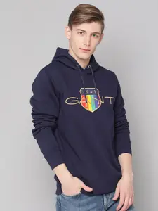 GANT Men Navy Blue Printed Hooded Sweatshirt