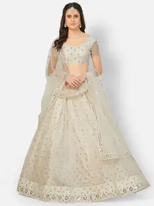 SHOPGARB Off White & Silver-Toned Embroidered Semi-Stitched Lehenga & Unstitched Blouse