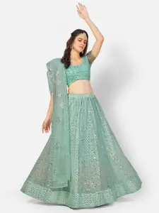 SHOPGARB Turquoise Blue & Silver-Toned Sequinned Semi- Stitched Lehenga Choli Set