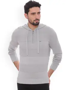 Basics Men Grey Self Design Hooded Sweatshirt