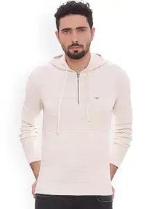 Basics Men Beige Self design Hooded Sweatshirt