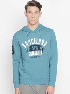 Basics Men Turquoise Blue Printed Hooded Sweatshirt