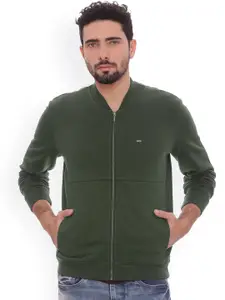 Basics Men Olive Green Solid Front Open Sweatshirt