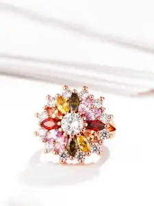 Yellow Chimes Rose Gold Plated CZ Studded Finger Ring