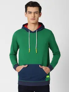 Peter England Casuals Men Green Colourblocked Hooded Sweatshirt