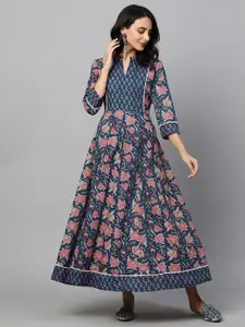 FASHOR Blue & Pink Ethnic Motifs Printed Cotton Maxi Dress
