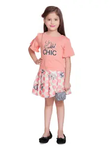 Tiny Baby Girls Peach-Coloured & White Printed Top with Skirt