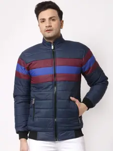 KLOTTHE Men Navy Blue Maroon Colourblocked Water Resistant Outdoor Bomber Jacket