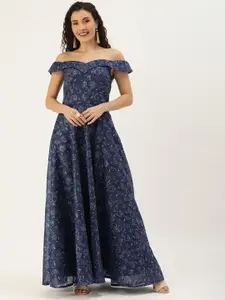 Ethnovog Blue Ethnic Motifs Off-Shoulder Ethnic Maxi Dress