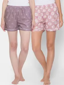 FashionRack Women Purple & Pink Set of 2 Printed Lounge Shorts