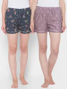 FashionRack Set Of 2 Women Purple & Green  Printed Lounge Shorts