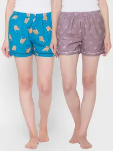 FashionRack Women Mauve & Blue Set of 2 Printed Lounge Shorts