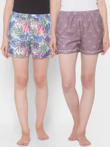 FashionRack Women Pack Of 2 Purple & Blue Printed Cotton Lounge Shorts