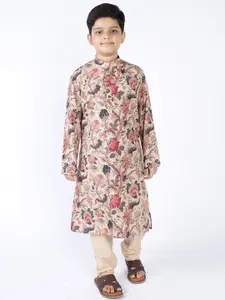TABARD Boys Beige & Red Floral Printed Pure Cotton Kurta with Churidar
