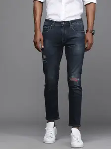 Louis Philippe Jeans Men Blue Slim Fit Low-Rise Mildly Distressed Light Fade Stretchable Jeans