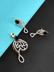 Voylla Gold-Plated White & Navy Blue CZ-Studded Pendants With Earrings