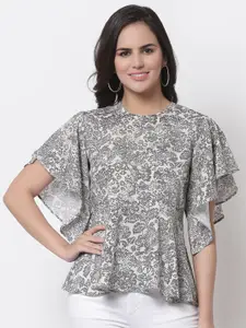 Style Quotient Off White & Grey Floral Print Crepe Top